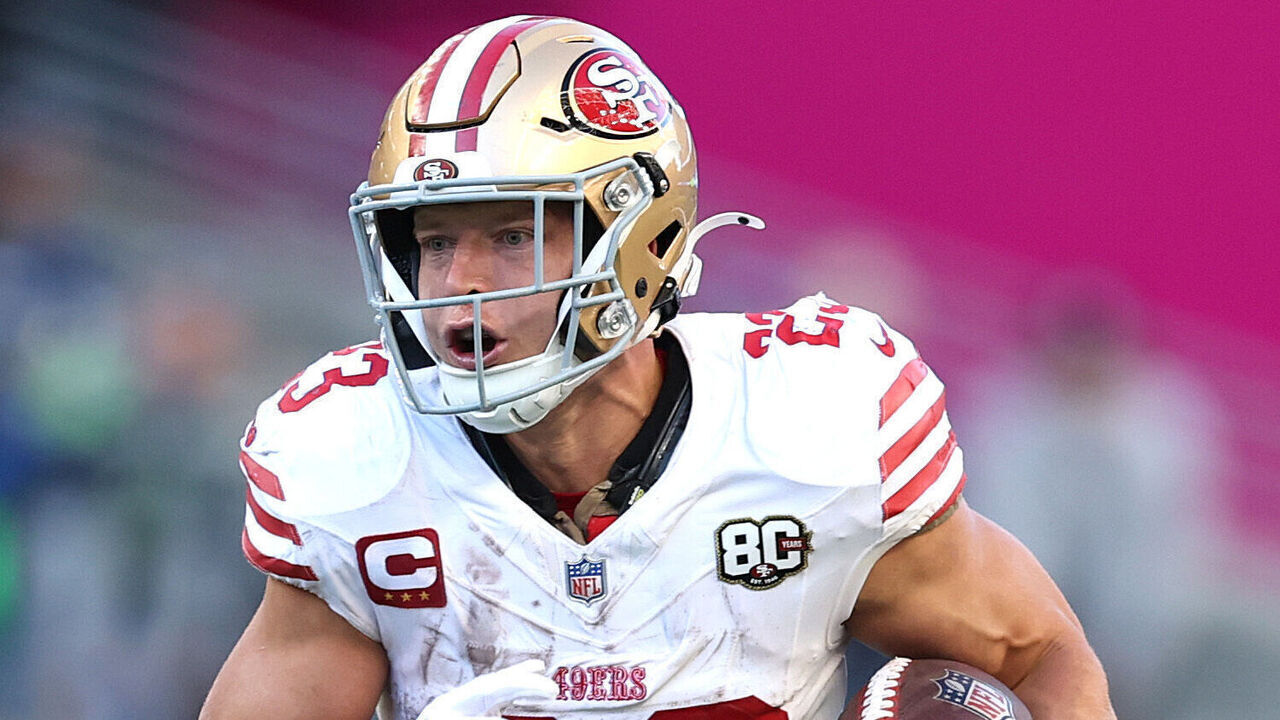 SEATTLE, WASHINGTON - OCTOBER 11: Christian McCaffrey #23 of the San Francisco 49ers carries the ball against the Seattle Seahawks during the fourth quarter at Lumen Field on October 11, 2026 in Seattle, Washington.