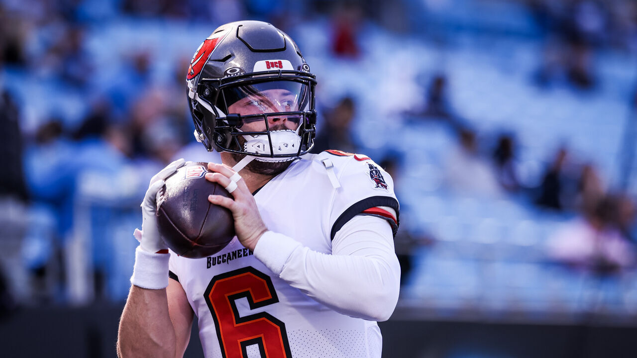 CHARLOTTE, NORTH CAROLINA - OCTOBER 25: Baker Mayfield #6 of the Tampa Bay Buccaneers warms up before a football game against the Carolina Panthers at Bank of America Stadium on October 25, 2026 in Charlotte, North Carolina.