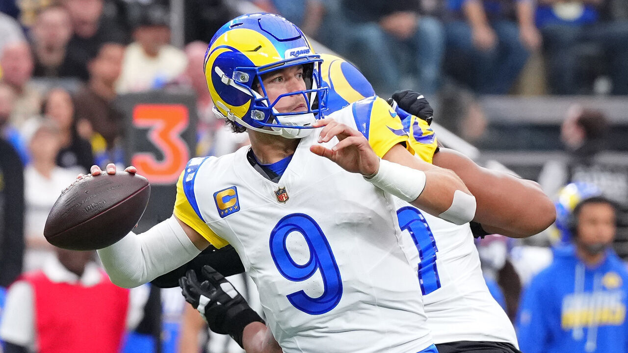 LAS VEGAS, NEVADA - OCTOBER 25: Matthew Stafford #9 of the Los Angeles Rams passes the ball against the Las Vegas Raiders during the first quarter at Allegiant Stadium on October 25, 2026 in Las Vegas, Nevada.