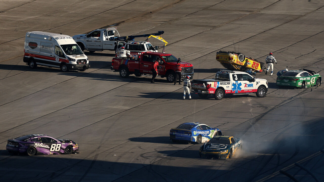TALLADEGA, ALABAMA - OCTOBER 25: Joey Logano, driver of the #22 Shell Pennzoil Ford, is involved in an on-track incident during the NASCAR Cup Series YellaWood 500 at Talladega Superspeedway on October 25, 2026 in Talladega, Alabama.