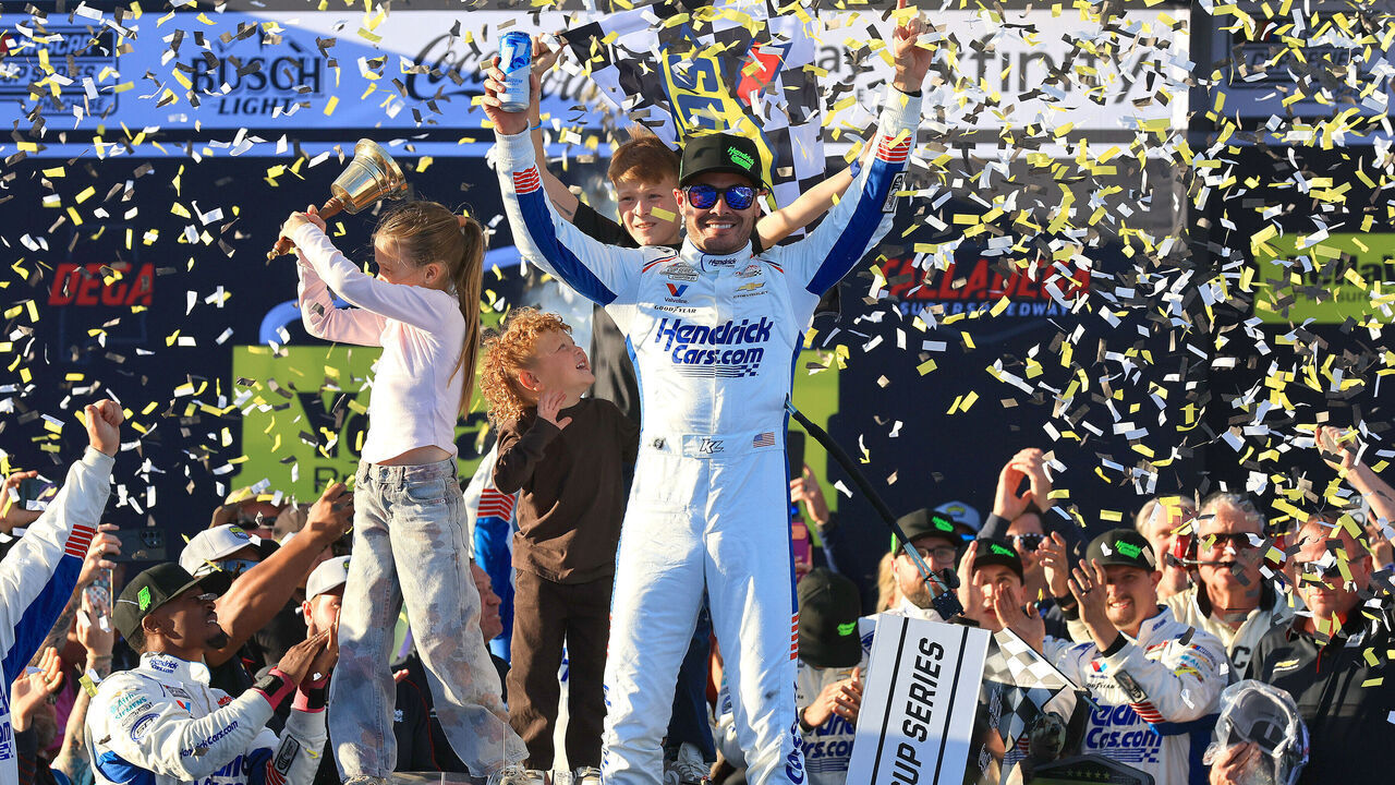 LINCOLN, AL - OCTOBER 25: Kyle Larson (#5 Hendrick Motorsports HendrickCars.com Chevrolet) is all smiles iin Victory Lane after winning the NASCAR Cup Series Playoffs YellaWood 500 race on Sunday, October 25, 2026 at the Talladega Superspeedway in Lincoln, AL.