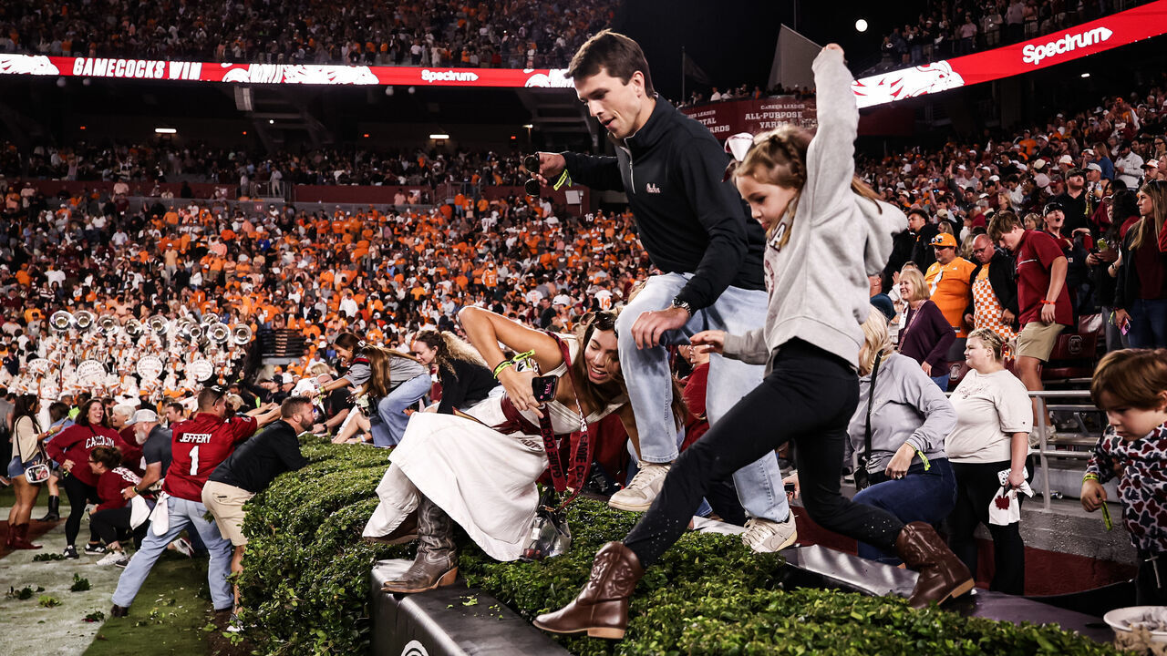COLUMBIA, SOUTH CAROLINA - OCTOBER 24: South Carolina Gamecocks fans celebrate after a football game against the Tennessee Volunteers at Williams-Brice Stadium on October 24, 2026 in Columbia, South Carolina.