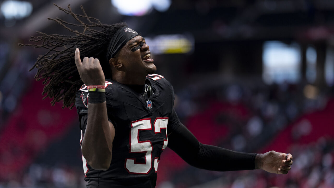 ATLANTA, GEORGIA - OCTOBER 25: Kendal Daniels #53 of the Atlanta Falcons reacts as he runs off the field against the San Francisco 49ers following an NFL football game at Mercedes-Benz Stadium on October 25, 2026 in Atlanta, Georgia.