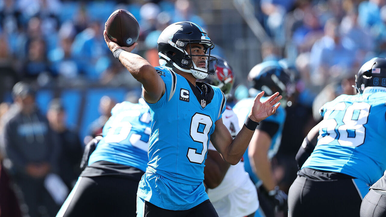 CHARLOTTE, NC - OCTOBER 25: Carolina Panthers quarter back Bryce Young (9) throws a pass during an NFL football game between the Tampa Bay Buccaneers and the Carolina Panthers on October 25, 2026 at Bank of America Stadium in Charlotte, N.C.