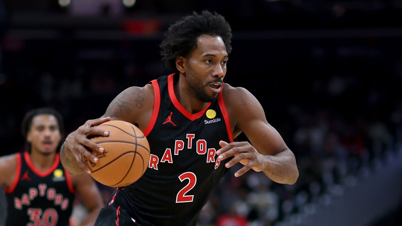 WASHINGTON, DC - OCTOBER 23: Kawhi Leonard #2 of the Toronto Raptors handles the ball during the second half against the Washington Wizards at Capital One Arena on October 23, 2026 in Washington, DC. NOTE TO USER: User expressly acknowledges and agrees that, by downloading and or using this photograph, User is consenting to terms and conditions of the Getty Images License Agreement.