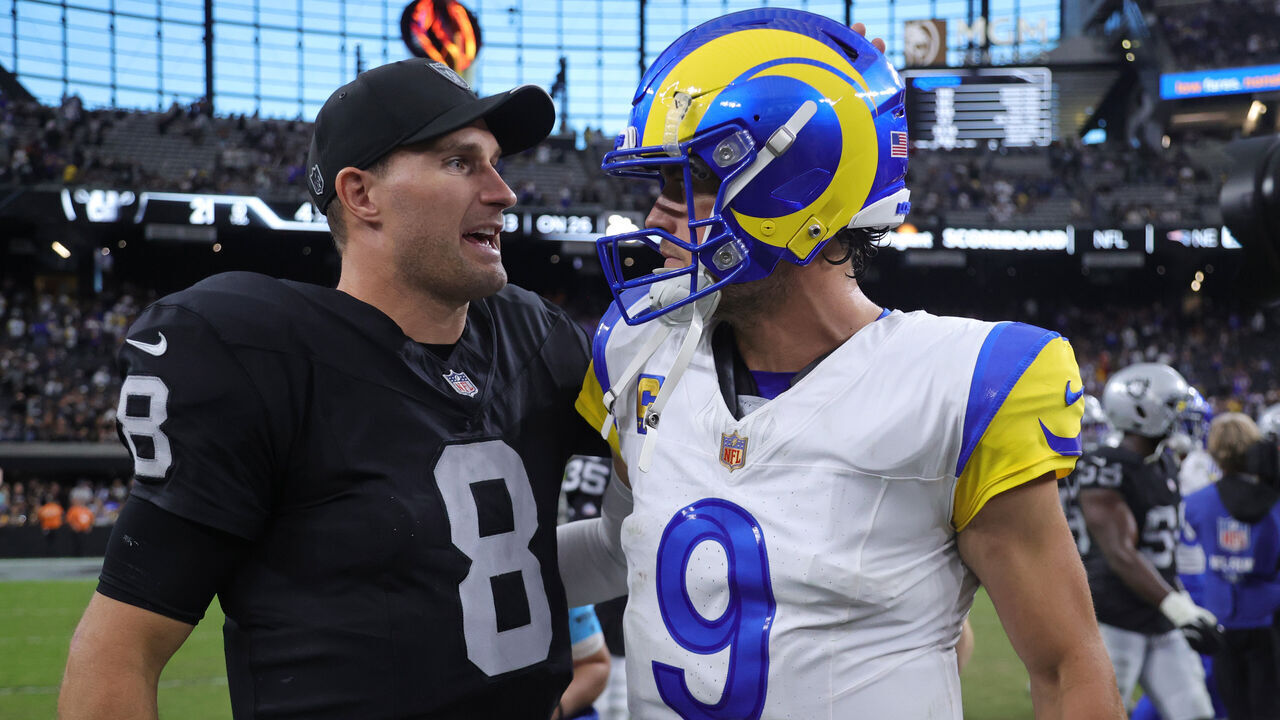 LAS VEGAS, NEVADA - OCTOBER 25: Matthew Stafford #9 of the Los Angeles Rams and Kirk Cousins #8 of the Las Vegas Raiders hug after the game at Allegiant Stadium on October 25, 2026 in Las Vegas, Nevada.