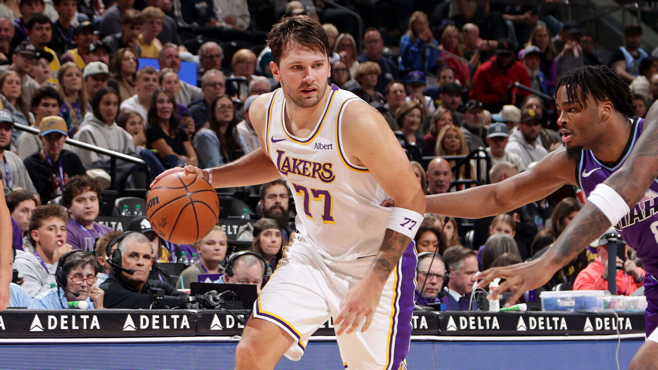 SALT LAKE CITY, UT - OCTOBER 25: Luka Doncic #77 of the Los Angeles Lakers handles the ball during the game against the Utah Jazz on October 25, 2026 at Delta Center in Salt Lake City, Utah. Mandatory Copyright Notice: Copyright 2026 NBAE