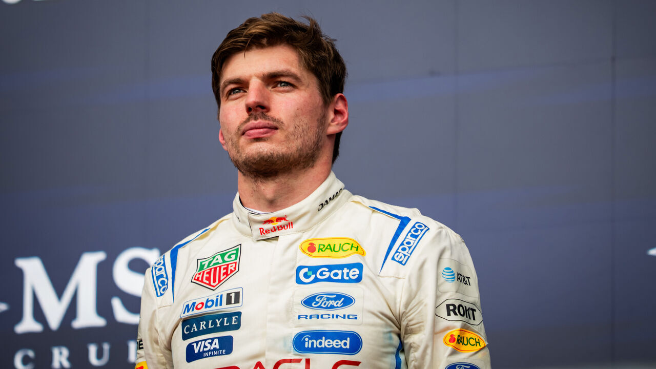 AUSTIN, TEXAS - OCTOBER 25: (EDITORS NOTE: Image has been digitally enhanced.) Third placed Max Verstappen of the Netherlands and Oracle Red Bull Racing on the podium during the F1 Grand Prix of United States at Circuit of The Americas on October 25, 2026 in Austin, Texas.