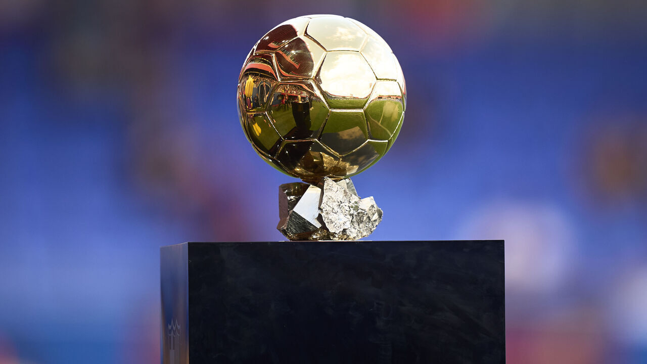 BARCELONA, SPAIN - SEPTEMBER 27: A detailed view of the Ballon d'Or Trophy prior to the Liga F match between FC Barcelona Femeni and Espanyol Barcelona at Estadi Johan Cruyff on September 27, 2025 in Barcelona, Spain.