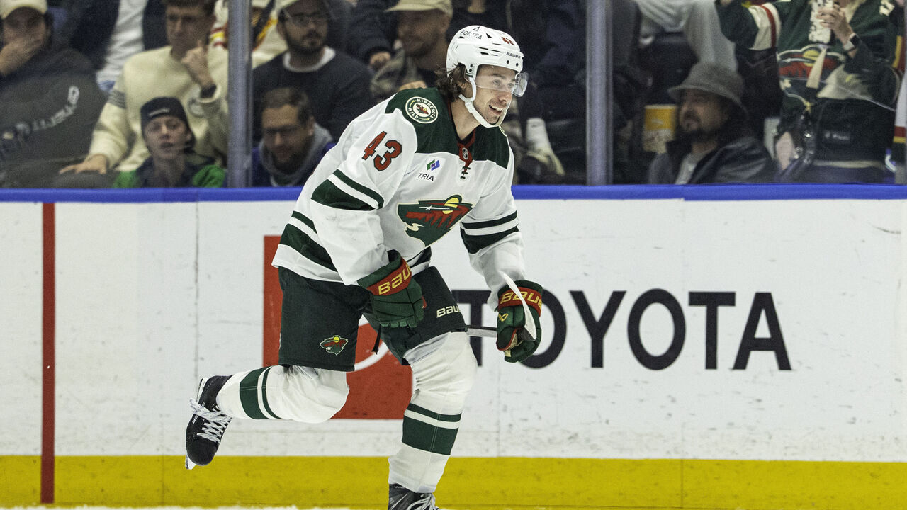 VANCOUVER, CANADA - OCTOBER 25: Quinn Hughes #43 of the Minnesota Wild celebrates his goal during the second period of their NHL game against the Vancouver Canucks at Rogers Arena on October 25, 2026 in Vancouver, British Columbia, Canada.