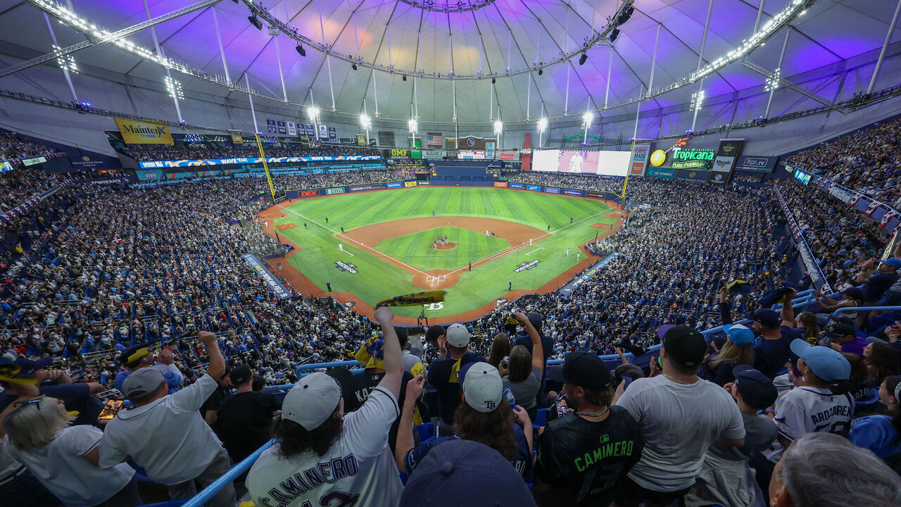 ST. PETERSBURG, FL - OCTOBER 19: A general view of Tropicana Field as fans in the upper deck cheer during Game Six of the American League Championship Series between the Cleveland Guardians and the Tampa Bay Rays on Monday, October 19, 2026 in St. Petersburg, Florida.