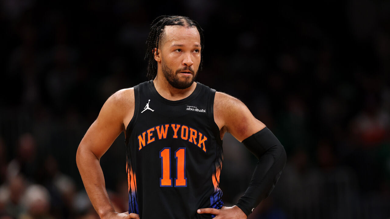 BOSTON, MASSACHUSETTS - OCTOBER 23: Jalen Brunson #11 of the New York Knicks looks on during second half of the Celtics Home Opener at TD Garden on October 23, 2026 in Boston, Massachusetts. The Celtics defeat the Knicks 107-103.