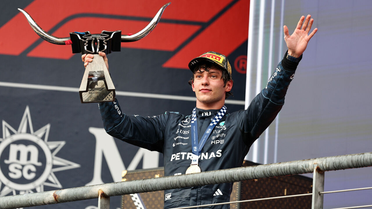Andrea Kimi Antonelli of Italy celebrates on the podium during the United States Grand Prix at Circuit of the Americas in Austin, United States, on October 26, 2026.