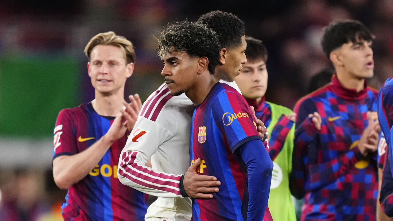 Lamine Yamal right winger of Barcelona and Spain and Jude Bellingham attacking midfield of Real Madrid and England greets after the LaLiga EA Sports 2026/27 match between FC Barcelona and Real Madrid at Spotify Camp Nou on October 25, 2026 in Barcelona, Spain.