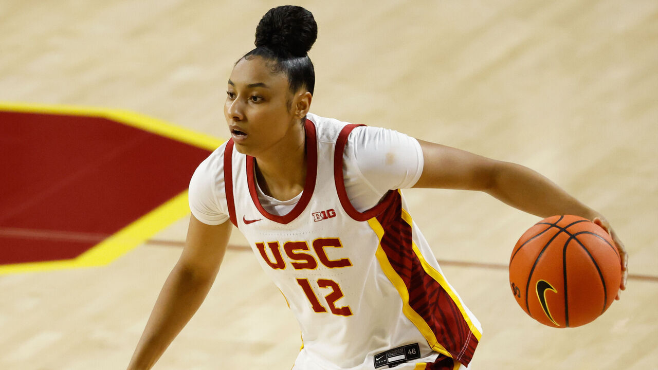 LOS ANGELES, CA - OCTOBER 25: USC Trojans guard Juju Watkins (12) dribbles the ball during the women's college basketball exhibition game between the California Golden Bears and the USC Trojans on October 25, 2026, at Galen Center in Los Angeles, CA.