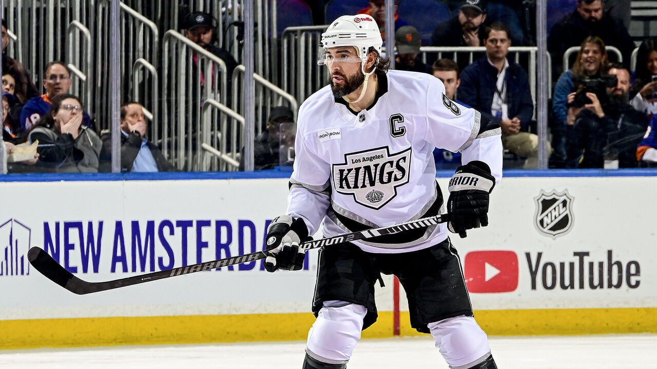 ELMONT, NEW YORK - OCTOBER 22: Drew Doughty #8 of the Los Angeles Kings skates against the New York Islanders during the game at UBS Arena on October 22, 2026 in Elmont, New York.