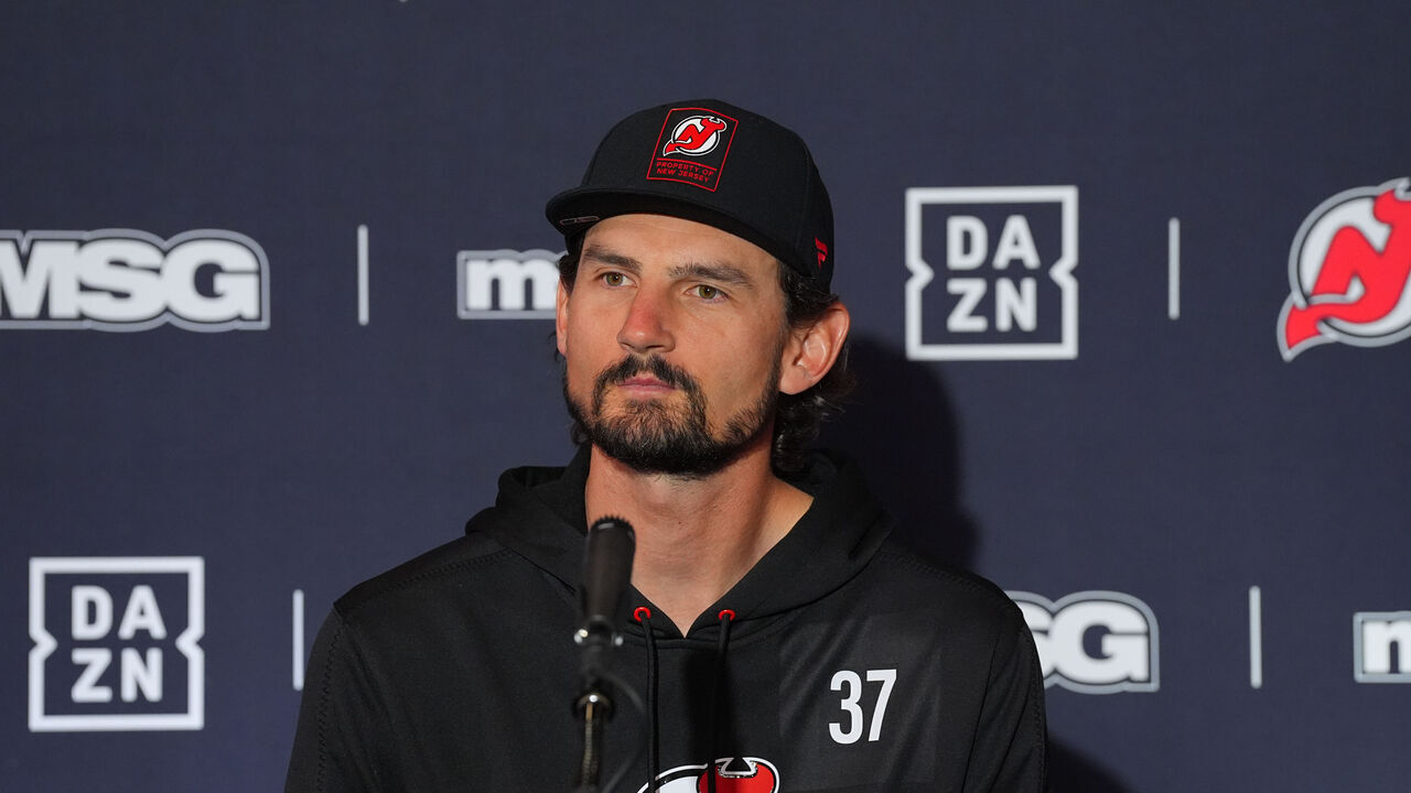 NEWARK, NJ - OCTOBER 24: Connor Hellebuyck #37 of the New Jersey Devils answers questions during a press conference prior to the game against the Los Angeles Kings on October 24, 2026 at the Prudential Center in Newark, New Jersey.