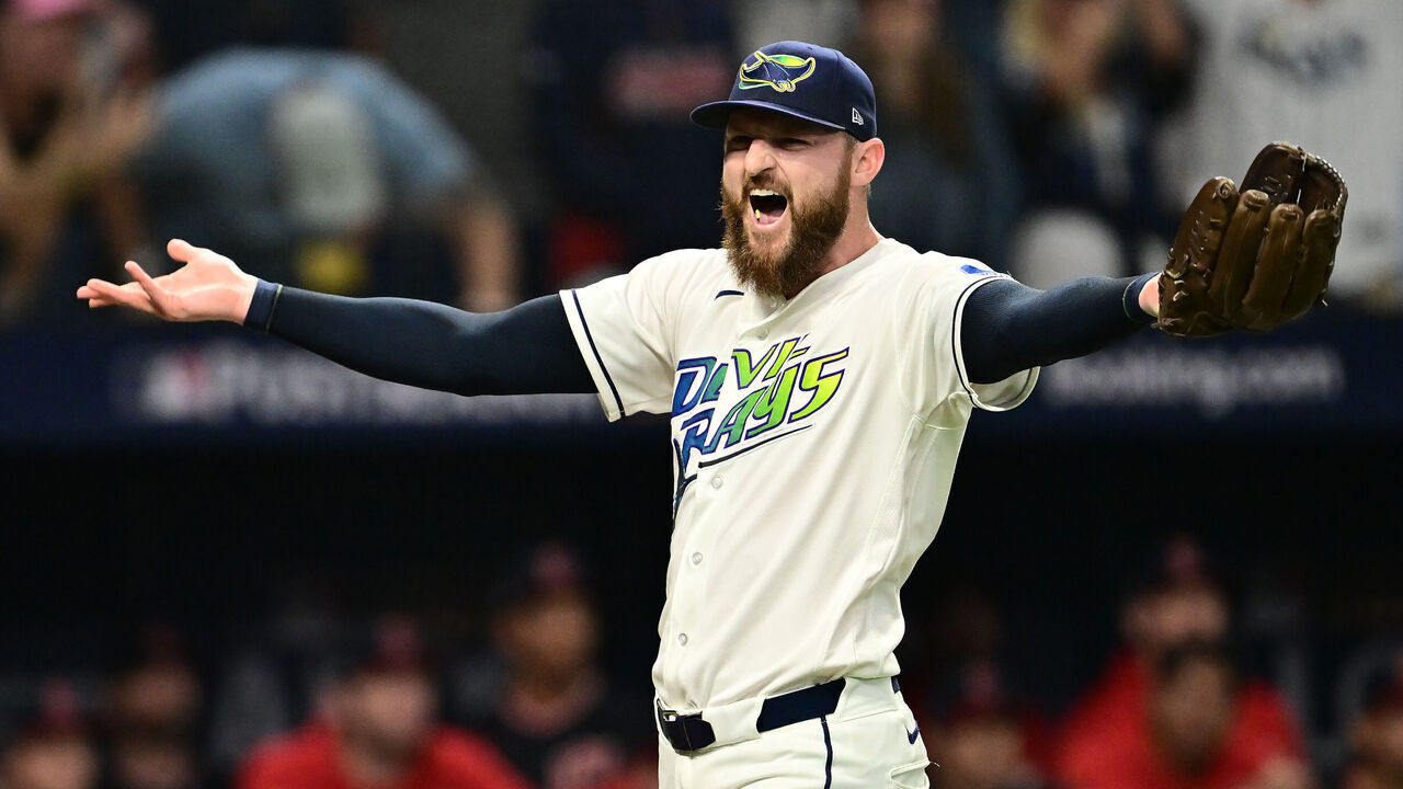 ST PETERSBURG, FLORIDA - OCTOBER 19: Bryan Baker #47 of the Tampa Bay Rays celebrates after defeating the Cleveland Guardians in game six of the American League Championship Series at Tropicana Field on October 19, 2026 in St Petersburg, Florida.