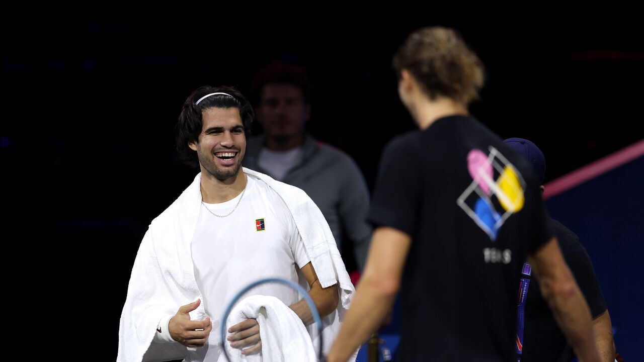LONDON, ENGLAND - SEPTEMBER 23: Carlos Alcaraz and Alexander Zverev of Team Europe interact during a practice session ahead of Laver Cup 2026 at The O2 on September 23, 2026 in London, England.