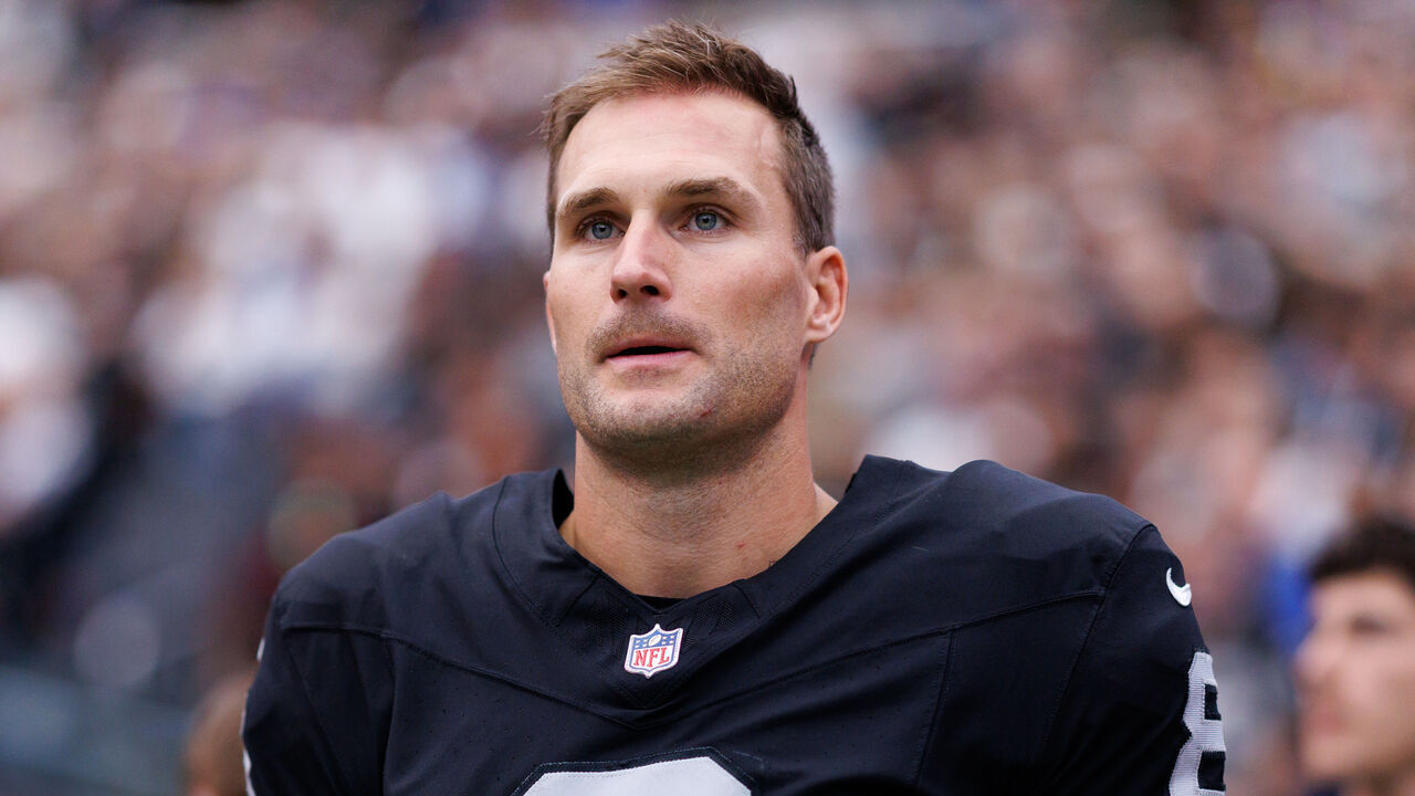 LAS VEGAS, NEVADA - OCTOBER 25: Kirk Cousins #8 of the Las Vegas Raiders stands on the sidelines during the national anthem prior to an NFL football game against the Los Angeles Rams at Allegiant Stadium on October 25, 2026 in Las Vegas, Nevada.