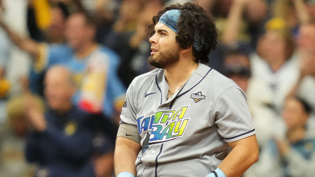 MILWAUKEE, WISCONSIN - OCTOBER 24: Jonathan Aranda #8 of the Tampa Bay Rays reacts after striking out against Logan Henderson #43 of the Milwaukee Brewers during the second inning in game two of the 2026 World Series at American Family Field on October 24, 2026 in Milwaukee, Wisconsin.