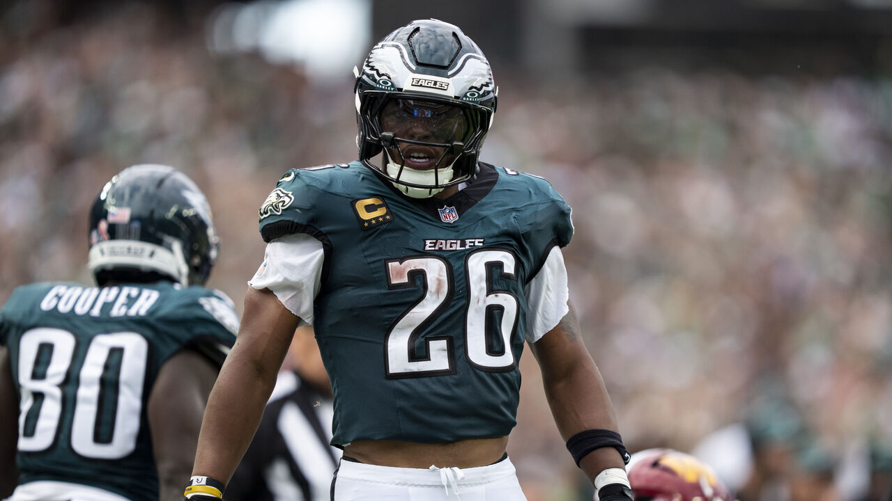 PHILADELPHIA, PENNSYLVANIA - SEPTEMBER 13: Saquon Barkley #26 of the Philadelphia Eagles reacts after running with the ball against the Washington Commanders during an NFL football game at Lincoln Financial Field on September 13, 2026 in Philadelphia, Pennsylvania.