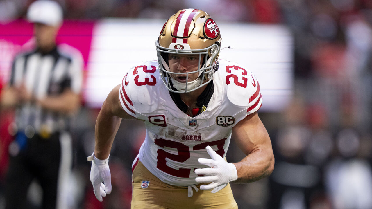 ATLANTA, GEORGIA - OCTOBER 25: Christian McCaffrey #23 of the San Francisco 49ers runs a route against the Atlanta Falcons during an NFL football game at Mercedes-Benz Stadium on October 25, 2026 in Atlanta, Georgia.