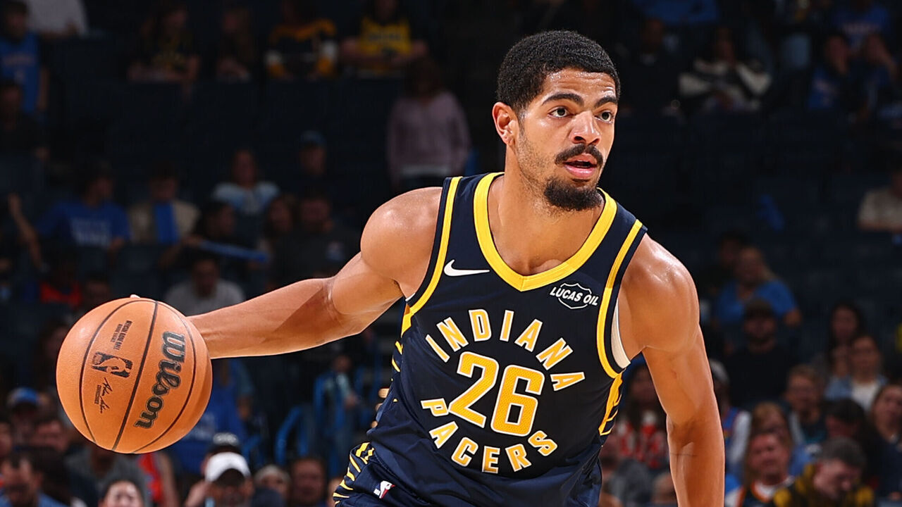 OKLAHOMA CITY, OK - OCTOBER 13: Ben Sheppard #26 of the Indiana Pacers handles the ball during the game against the Oklahoma City Thunder during a 2026 NBA Preseason game on October 13, 2026 at Paycom Center in Oklahoma City, Oklahoma. Mandatory Copyright Notice: Copyright 2026 NBAE