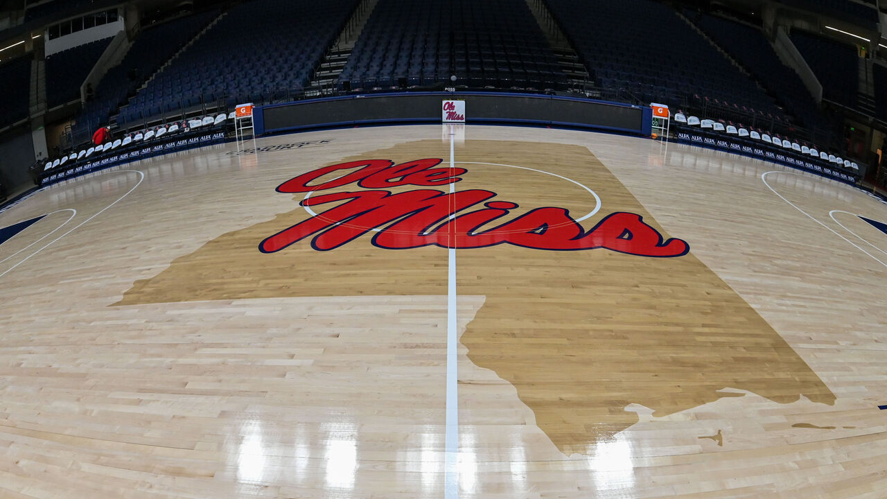 OXFORD, MS - JANUARY 15: A general view of the Ole' Miss logo on the floor of the SJB coliseum before the start of the college basketball game between the Auburn Tigers and the Ole' Miss Rebels on January 15, 2022, at SJB Coliseum in Oxford, MS.
