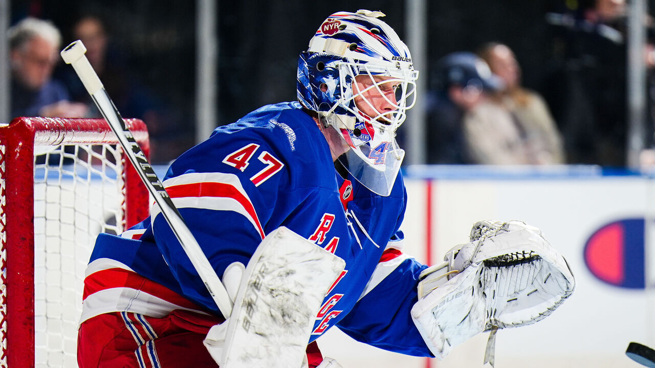 NEW YORK, NEW YORK - OCTOBER 26: James Reimer #47 of the New York Rangers warms up before the game against the Los Angeles Kings at Madison Square Garden on October 26, 2026 in New York City.