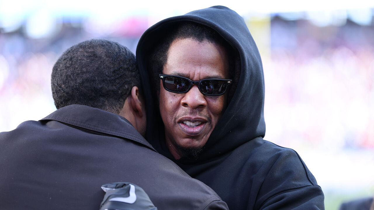 SANTA CLARA, CALIFORNIA - FEBRUARY 08: Jay-Z looks on prior to the start of Super Bowl LX between the Seattle Seahawks and the New England Patriots at Levi's Stadium on February 08, 2026 in Santa Clara, California.
