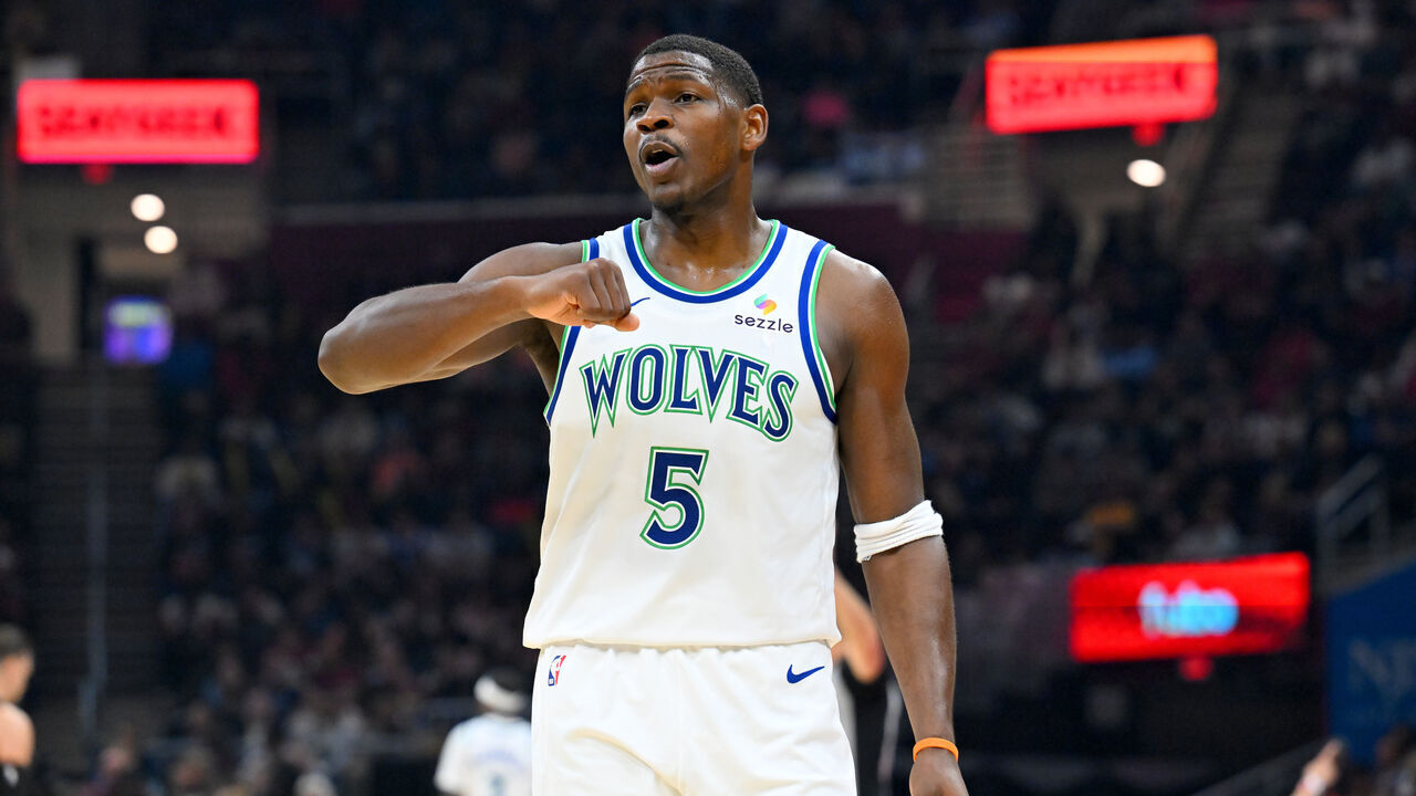 CLEVELAND, OHIO - OCTOBER 26: Anthony Edwards #5 of the Minnesota Timberwolves argues a call during the second quarter against the Cleveland Cavaliers at Rocket Arena on October 26, 2026 in Cleveland, Ohio.