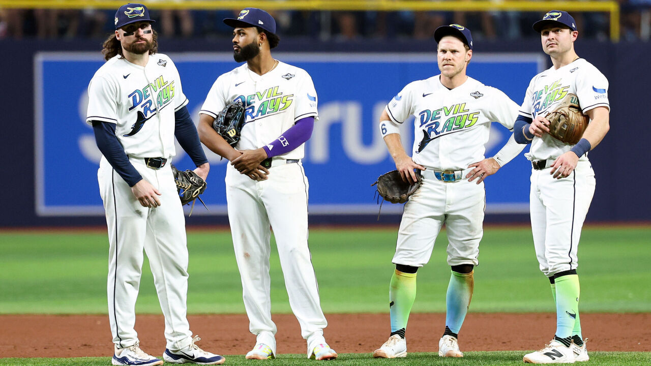 ST. PETERSBURG, FL - OCTOBER 26: Members of the Tampa Bay Rays look on turning a pitching change in the fifth inning during Game Three of the 2026 World Series presented by Capital One between the Milwaukee Brewers and the Tampa Bay Rays at Tropicana Field on Monday, October 26, 2026 in St. Petersburg, Florida.