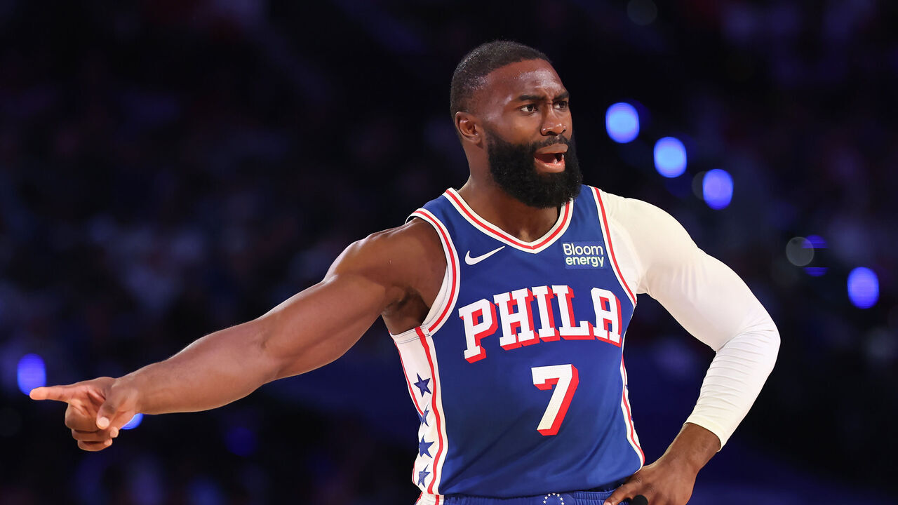 PHILADELPHIA, PENNSYLVANIA - OCTOBER 22: Jaylen Brown #7 of the Philadelphia 76ers reacts during the third quarter against the Cleveland Cavaliers at Xfinity Mobile Arena on October 22, 2026 in Philadelphia, Pennsylvania.