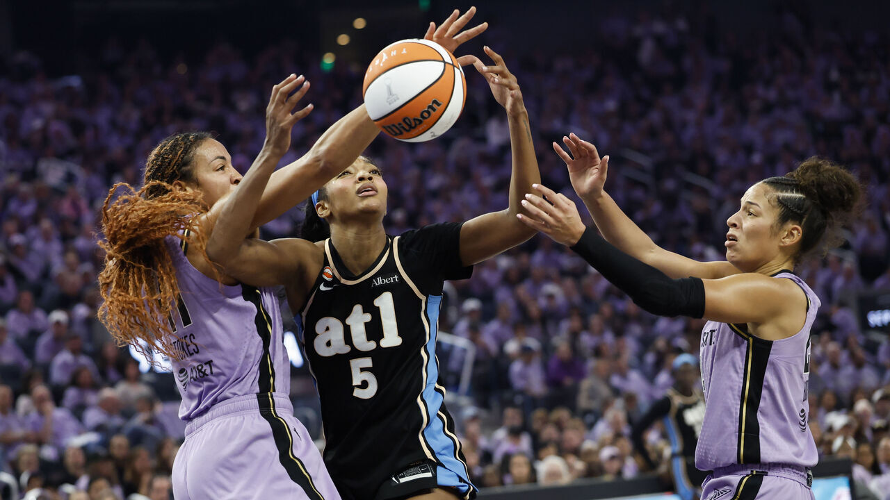 Atlanta Dream forward Angel Reese (5) and Golden State Valkyries center Kiah Stokes, left, compete for possession of the ball during the first half of the WNBA Finals Game 5 at Chase Center in San Francisco, Monday, Oct. 26, 2026.
