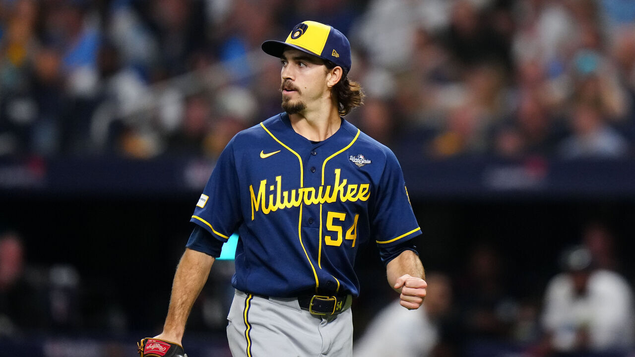 ST. PETERSBURG, FL - OCTOBER 26: Robert Gasser #54 of the Milwaukee Brewers celebrates during Game Three of the 2026 World Series presented by Capital One between the Milwaukee Brewers and the Tampa Bay Rays at Tropicana Field on Monday, October 26, 2026 in St. Petersburg, Florida.
