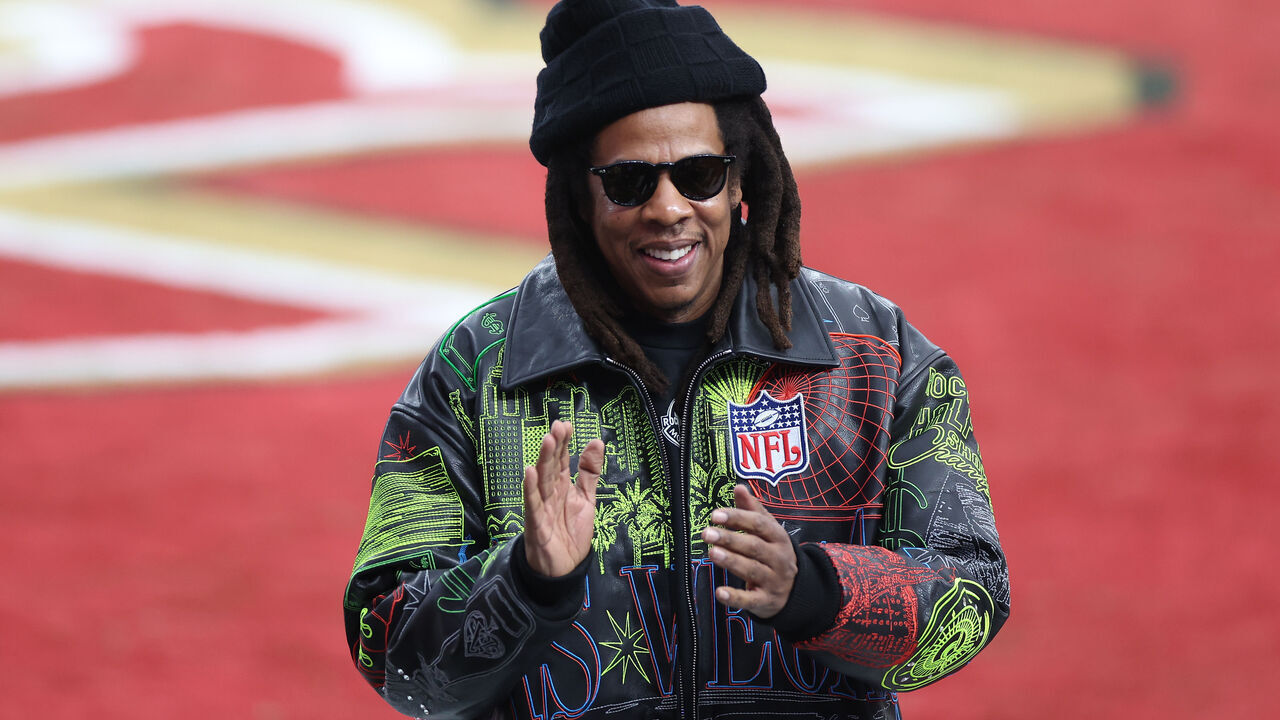 LAS VEGAS, NEVADA - FEBRUARY 11: American Rapper Jay-Z reacts before Super Bowl LVIII between the San Francisco 49ers and Kansas City Chiefs at Allegiant Stadium on February 11, 2024 in Las Vegas, Nevada.