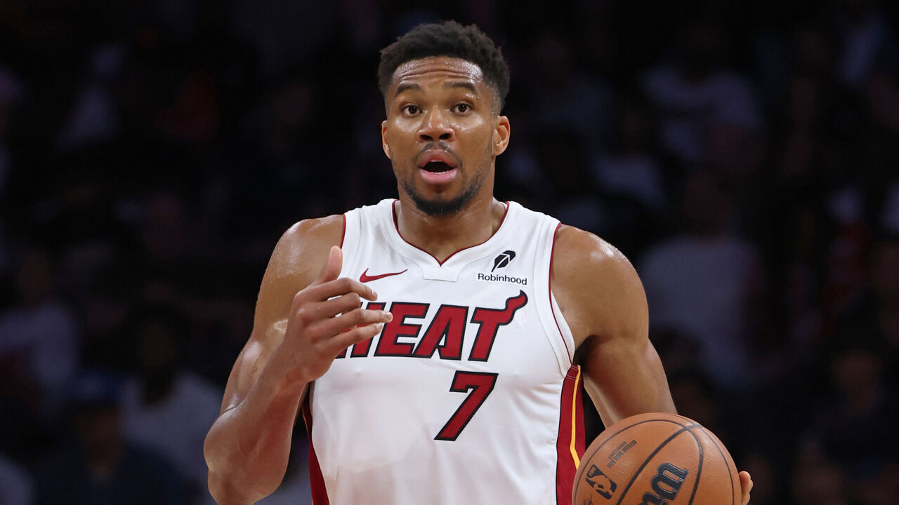 MIAMI, FL - OCTOBER 26: Giannis Antetokounmpo #7 of the Miami Heat handles the ball during the game against the Dallas Mavericks on October 26, 2026 at Kaseya Center in Miami, Florida. Mandatory Copyright Notice: Copyright 2026 NBAE