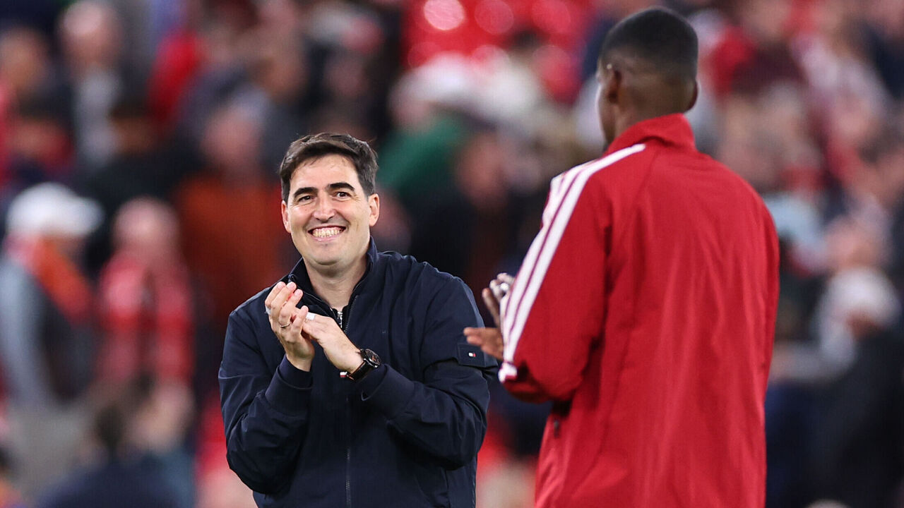 LIVERPOOL, ENGLAND - SEPTEMBER 9: Andoni Iraola manager / head coach of Liverpool celebrates at full time following the UEFA Champions League 2026/27 League Phase MD1 match between Liverpool FC and Atletico de Madrid at Anfield on September 9, 2026 in Liverpool, United Kingdom.