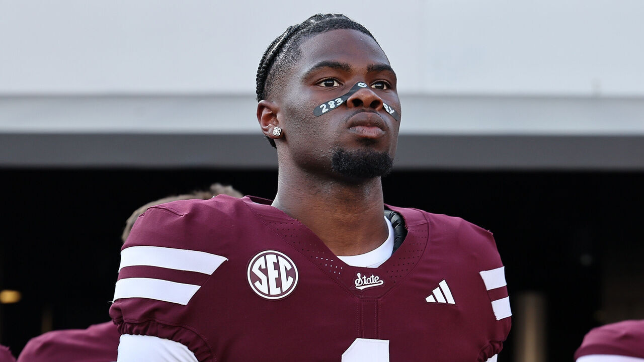 STARKVILLE, MISSISSIPPI - SEPTEMBER 05: Kamario Taylor #1 of the Mississippi State Bulldogs warms up before the game against the ULM Warhawks at Davis Wade Stadium on September 05, 2026 in Starkville, Mississippi.