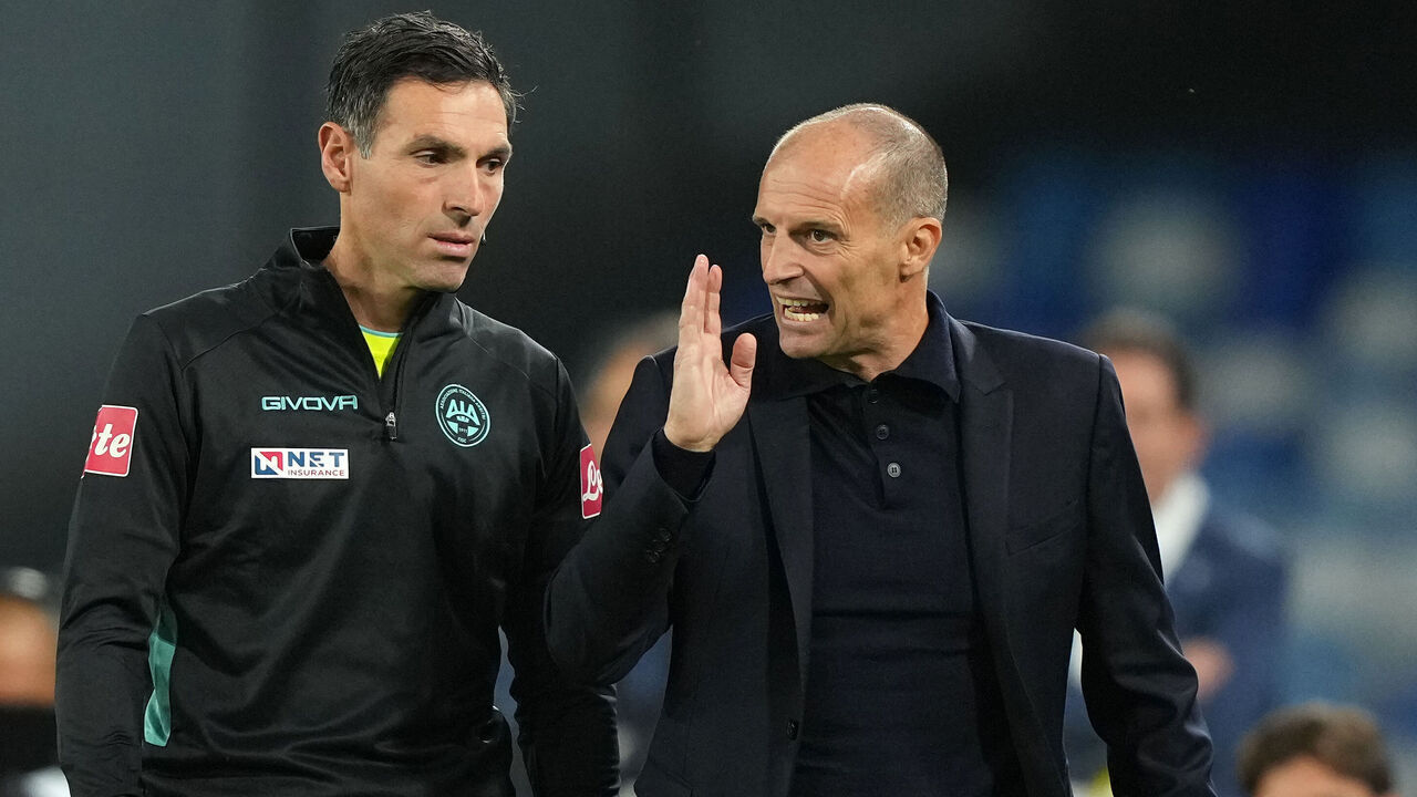 Massimiliano Allegri, head coach of SSC Napoli, reacts during the Serie A match between SSC Napoli and AS Roma in Napoli, Italy, on October 24, 2026.