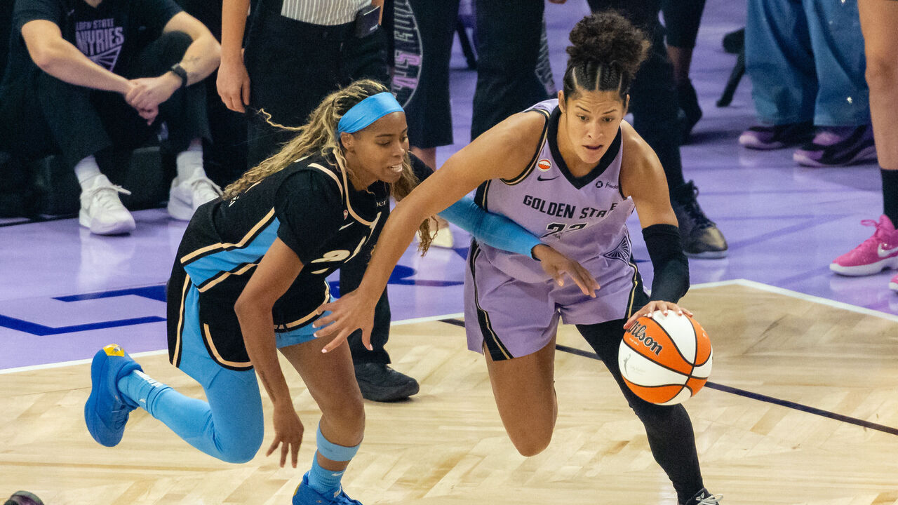 SAN FRANCISCO, CA - OCTOBER 26: Veronica Burton #22 of the Golden State Valkyries dribbles against Jordin Canada #3 of the Atlanta Dream during Game Five of the WNBA Finals on October 26, 2026 at Chase Center in San Francisco, CA.