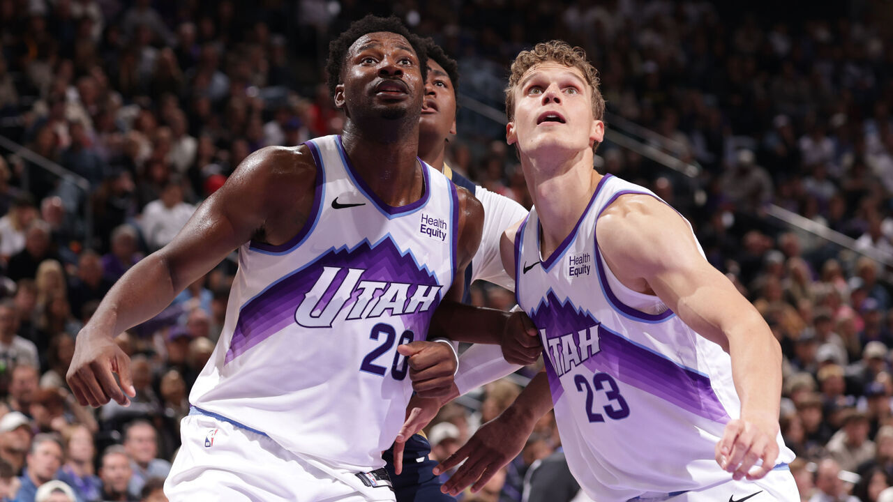 SALT LAKE CITY, UT - OCTOBER 23: Jaren Jackson Jr. #20 and Lauri Markkanen #23 of the Utah Jazz box out during the game against the New Orleans Pelicans on October 23, 2026 at Delta Center in Salt Lake City, Utah. Mandatory Copyright Notice: Copyright 2026 NBAE