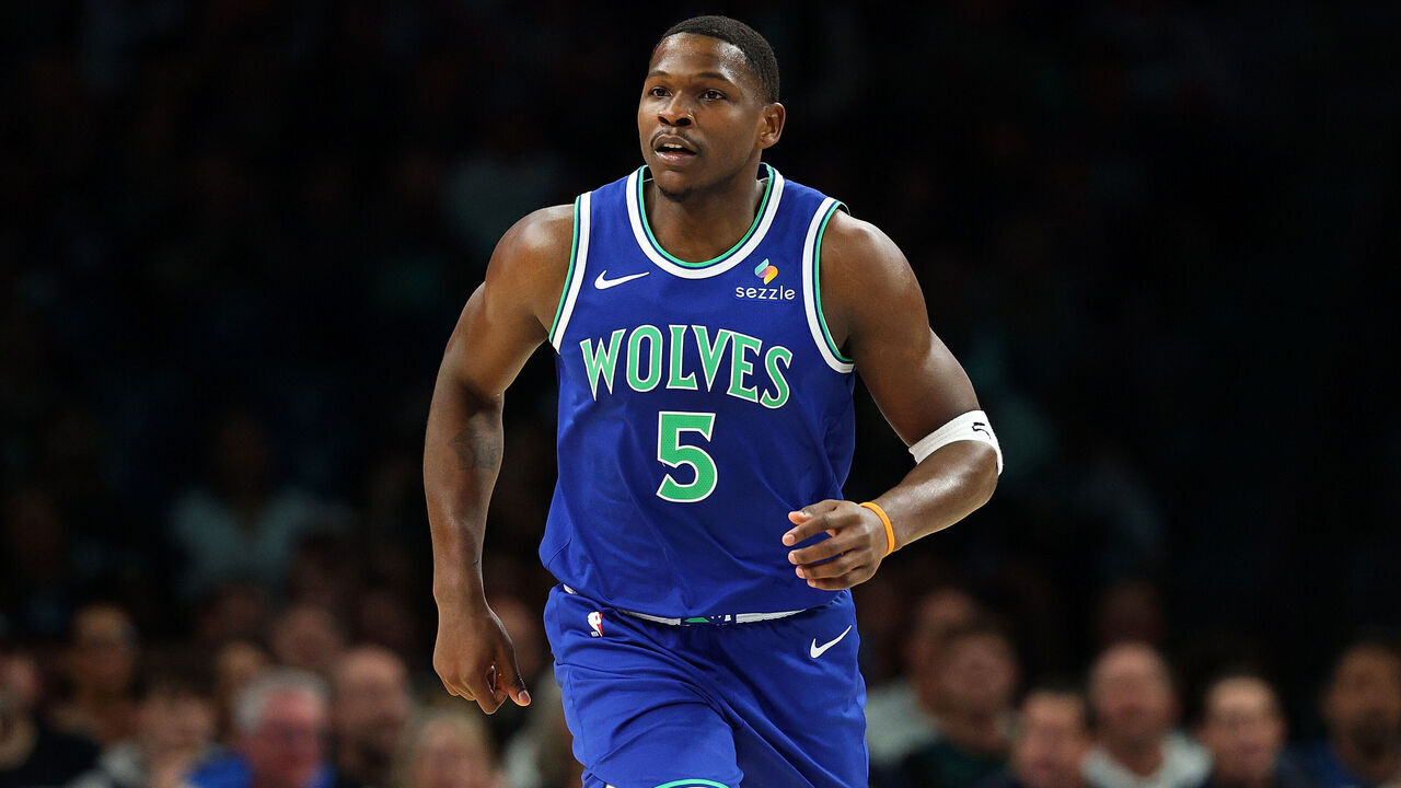 MINNEAPOLIS, MINNESOTA - OCTOBER 25: Anthony Edwards #5 of the Minnesota Timberwolves competes against the Toronto Raptors in the first quarter during the home opener at Target Center on October 25, 2026 in Minneapolis, Minnesota. The Timberwolves defeated the Raptors 117-94.