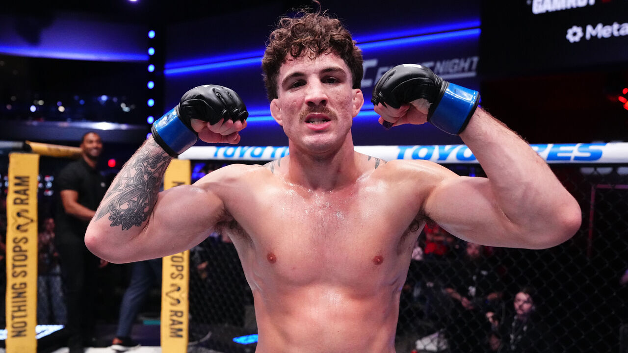 LAS VEGAS, NEVADA - AUGUST 08: Quillan Salkilld of Australia reacts after a submission victory against Mateusz Gamrot of Poland in a lightweight fight during the UFC Fight Night event at Meta APEX on August 08, 2026 in Las Vegas, Nevada.