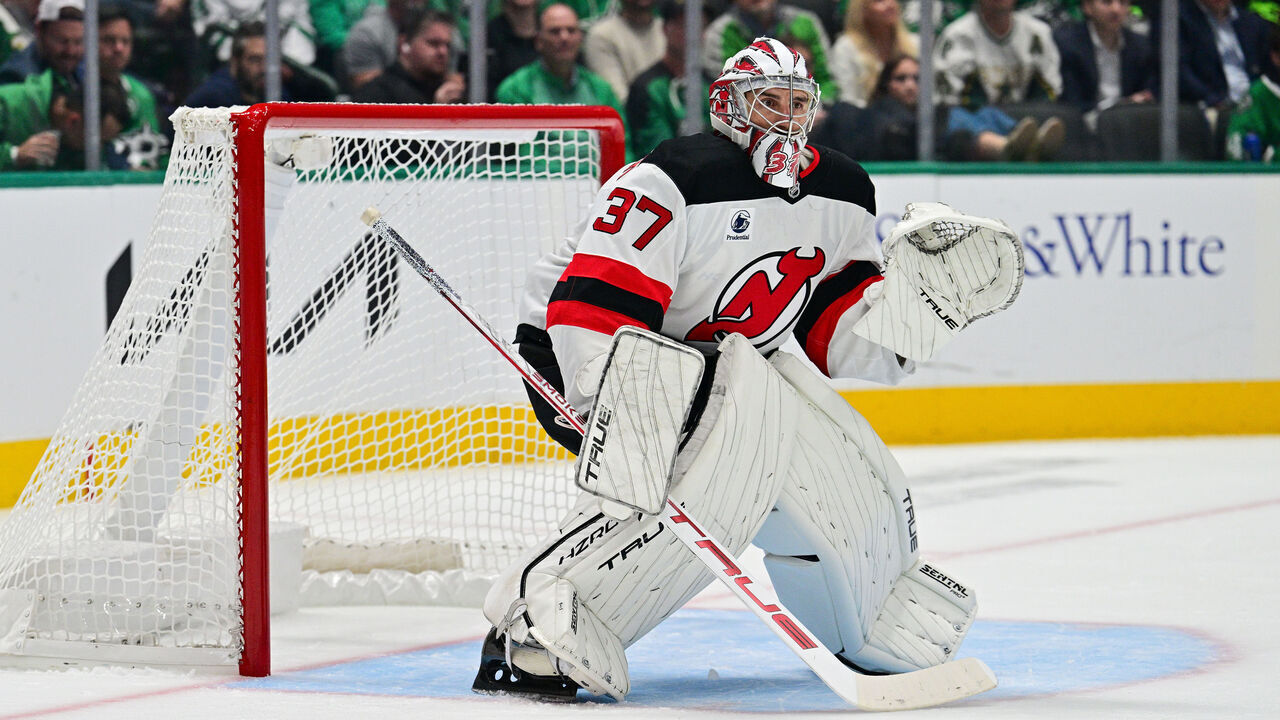 DALLAS, TX - OCTOBER 27: New Jersey Devils goaltender Connor Hellebuyck (37) looks on during the NHL game between the New Jersey Devils and the Dallas Stars on October 27, 2026 at American Airlines Center in Dallas, Texas.