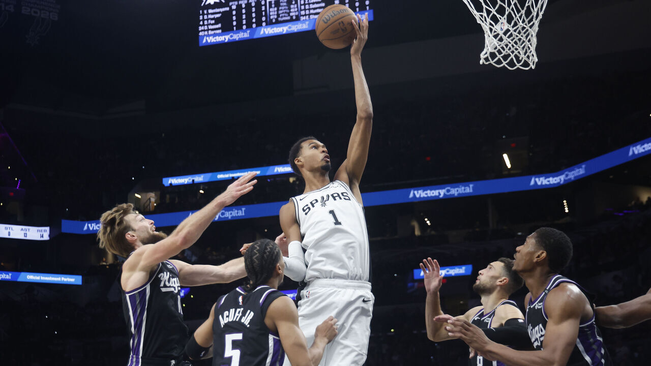 SAN ANTONIO, TX -OCTOBER 27: Victor Wembanyama #1 of the San Antonio Spurs grabs a rebound over a host of Sacramento Kings players in the first half at Frost Bank Center on October 27, 2026 in San Antonio, Texas. NOTE TO USER: User expressly acknowledges and agrees that, by downloading and or using this photograph, User is consenting to terms and conditions of the Getty Images License Agreement.