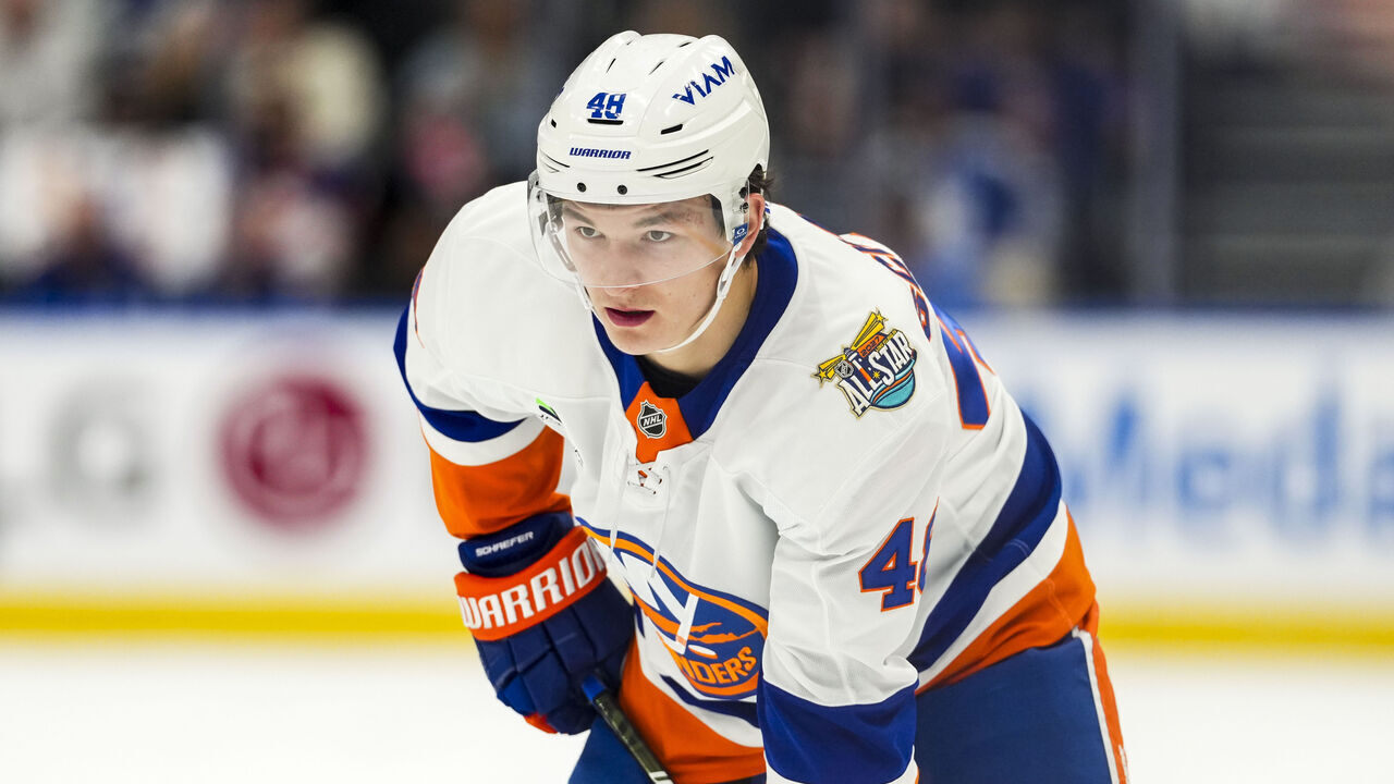 TORONTO, CANADA - OCTOBER 17: Matthew Schaefer #48 of the New York Islanders looks on against the Toronto Maple Leafs during the first period in their NHL game at Scotiabank Arena on October 17, 2026 in Toronto, Canada.