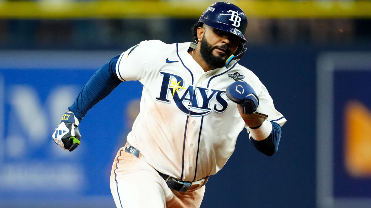 ST. PETERSBURG, FL - OCTOBER 27: Junior Caminero #13 of the Tampa Bay Rays runs the bases during Game Four of the 2026 World Series presented by Capital One between the Milwaukee Brewers and the Tampa Bay Rays at Tropicana Field on Tuesday, October 27, 2026 in St. Petersburg, Florida.