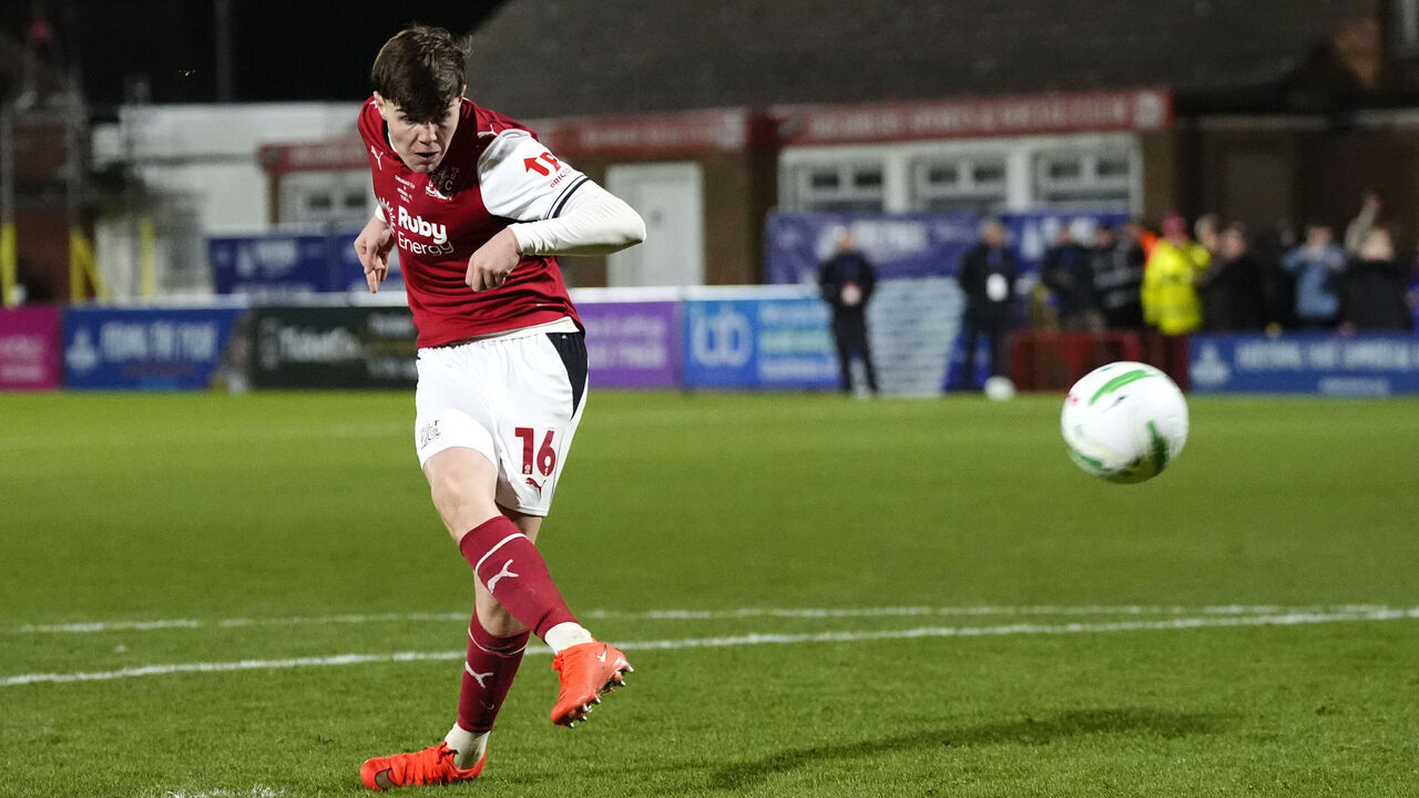 Fleetwood Town's Conor Haughey scores the winning penalty in the shoot-out following the Carabao Cup, fourth round match at Highbury Stadium, Fleetwood. Picture date: Tuesday October 27, 2026.